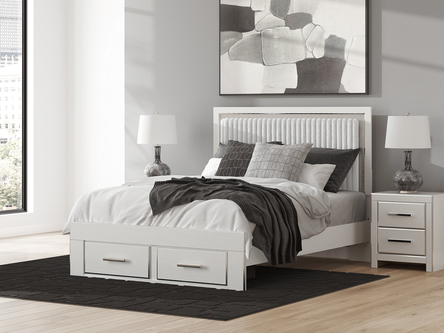 Warmstead Furniture - Ashley Furniture - Zuraleus Bedroom - Queen Upholstered Panel Platform Storage Bed / White - PCB3381B4