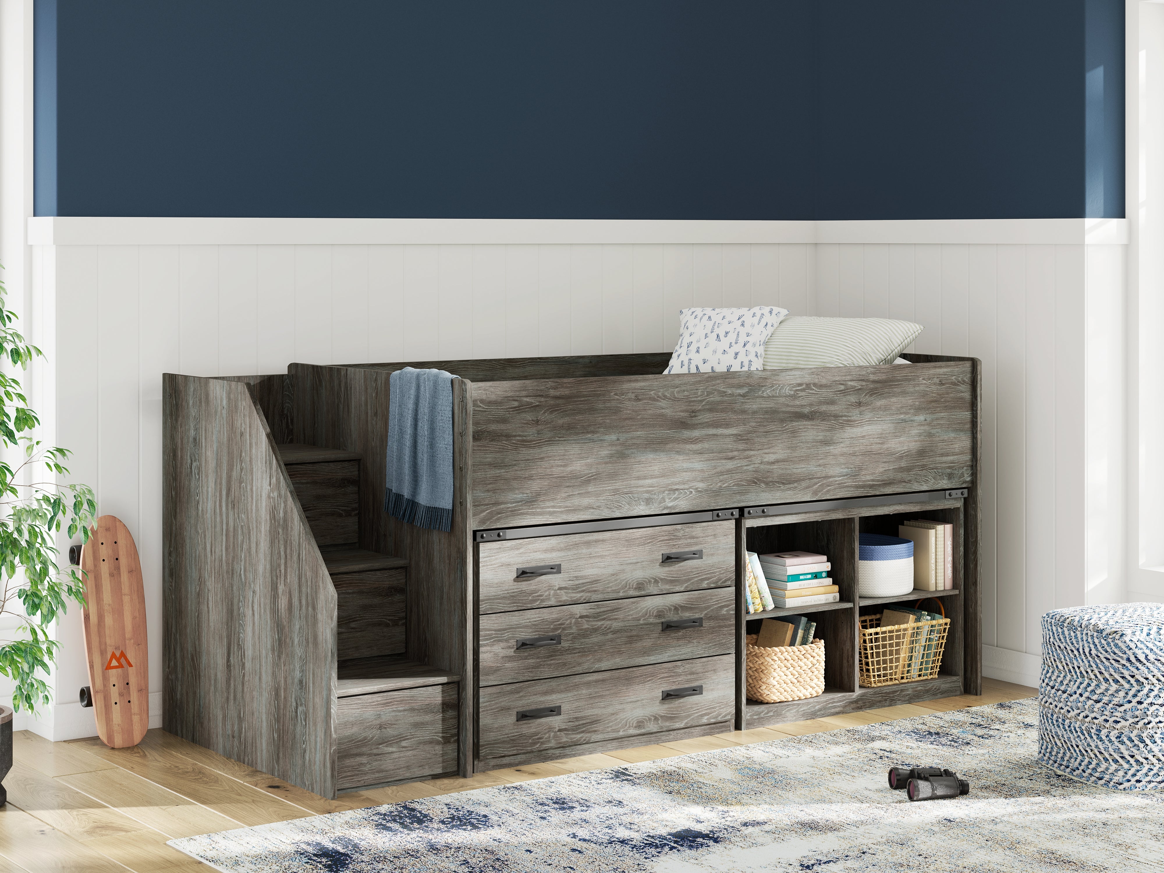 Warmstead Furniture - Ashley Furniture - Frandern Bedroom - Twin Loft  Bed with Bookcase and Drawer Storage / Gray - B4480B16