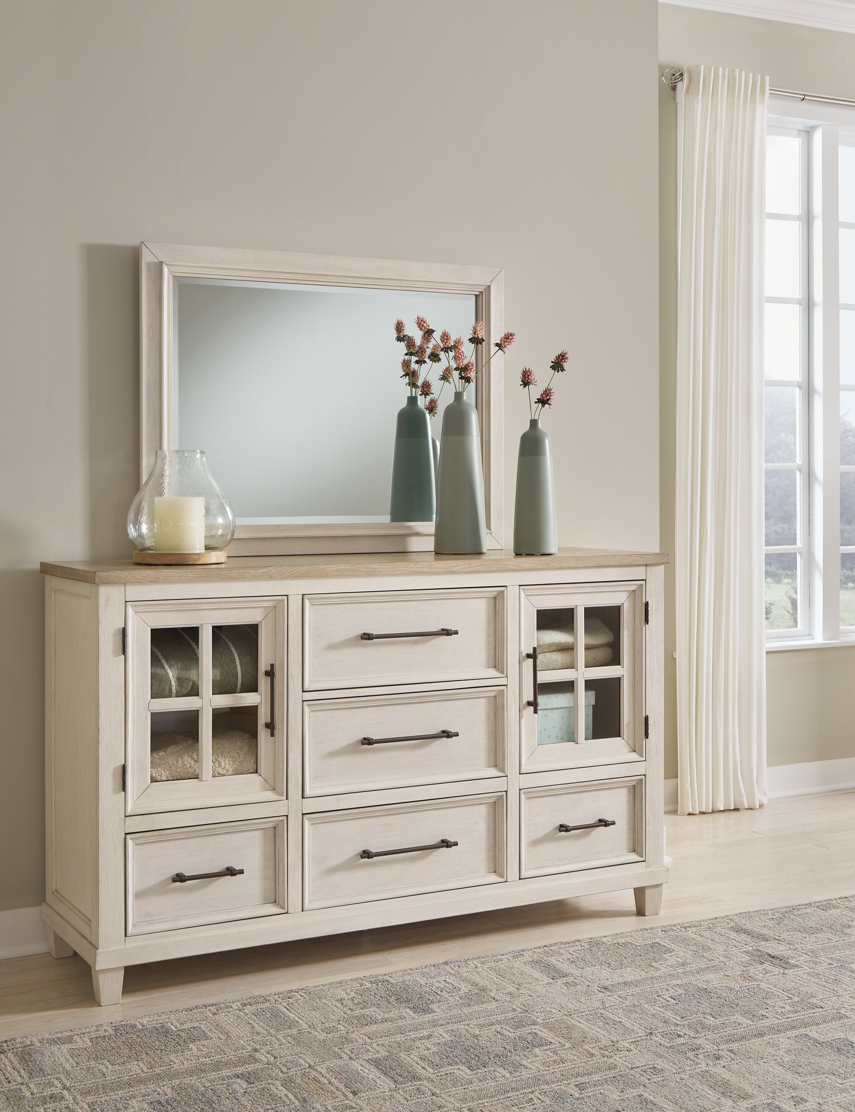 Warmstead Furniture - Ashley Furniture - Shaybrock Bedroom - Dresser and Mirror / Antique White/Brown - B683B1