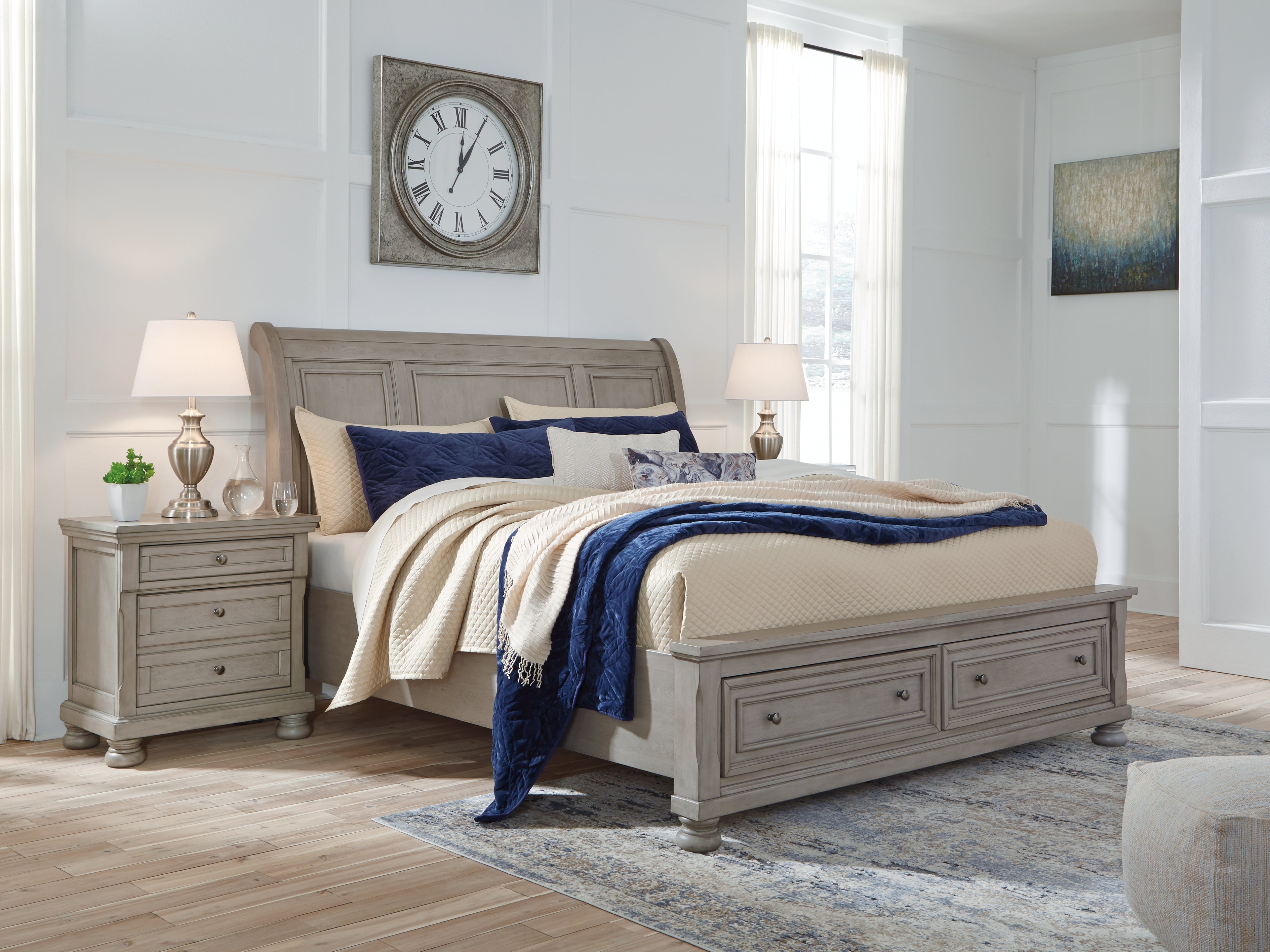 Warmstead Furniture - Ashley Furniture - Lettner Bedroom - King Sleigh Bed with 2 Storage Drawers / Light Gray - B733B8