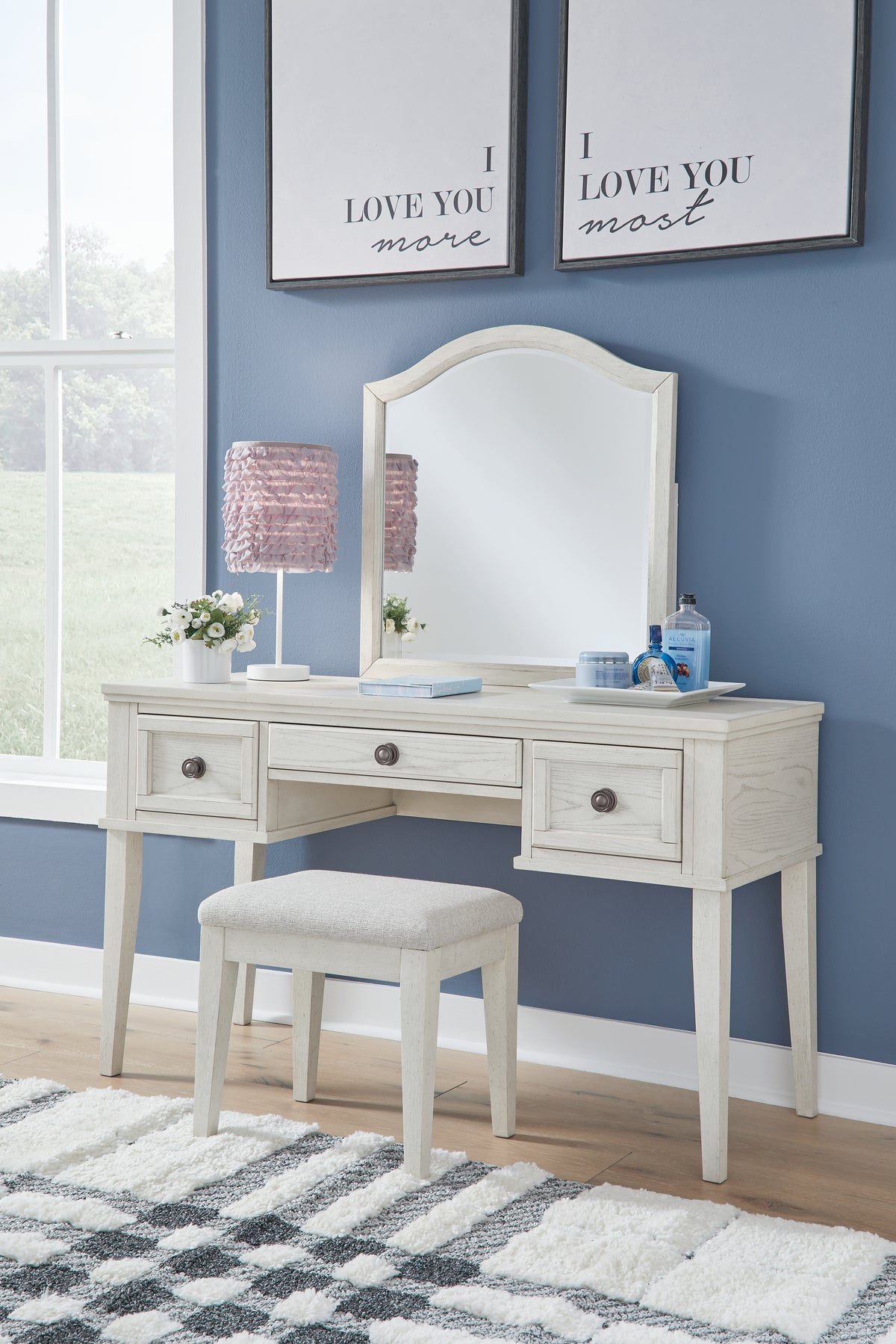 Warmstead Furniture - Ashley Furniture - Robbinsdale Mirrored Vanity with Bench - Mirrored Vanity with Bench / Antique White - B742B11