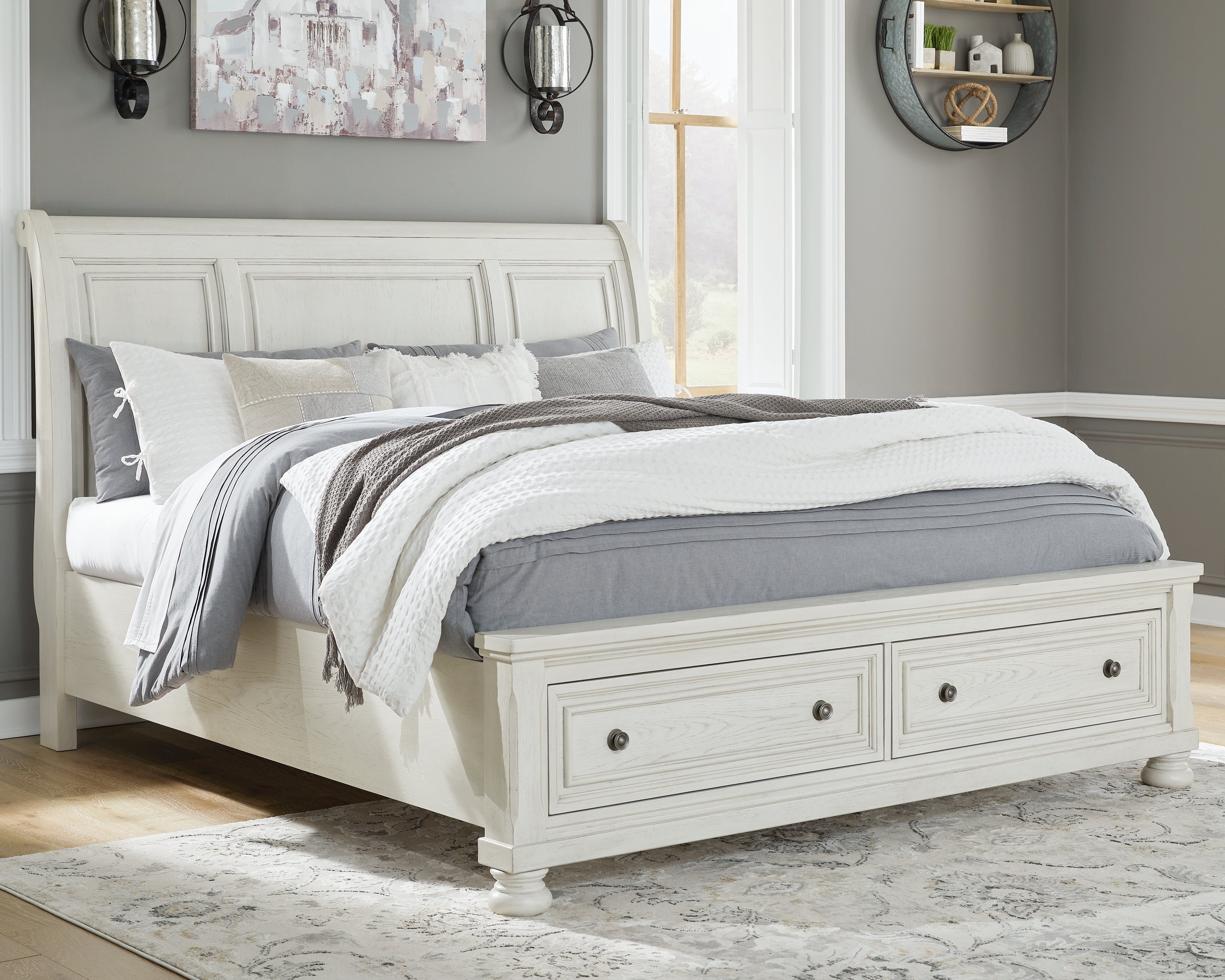 Warmstead Furniture - Ashley Furniture - Robbinsdale Bedroom - King Sleigh Bed with Storage / Antique White - B742B8