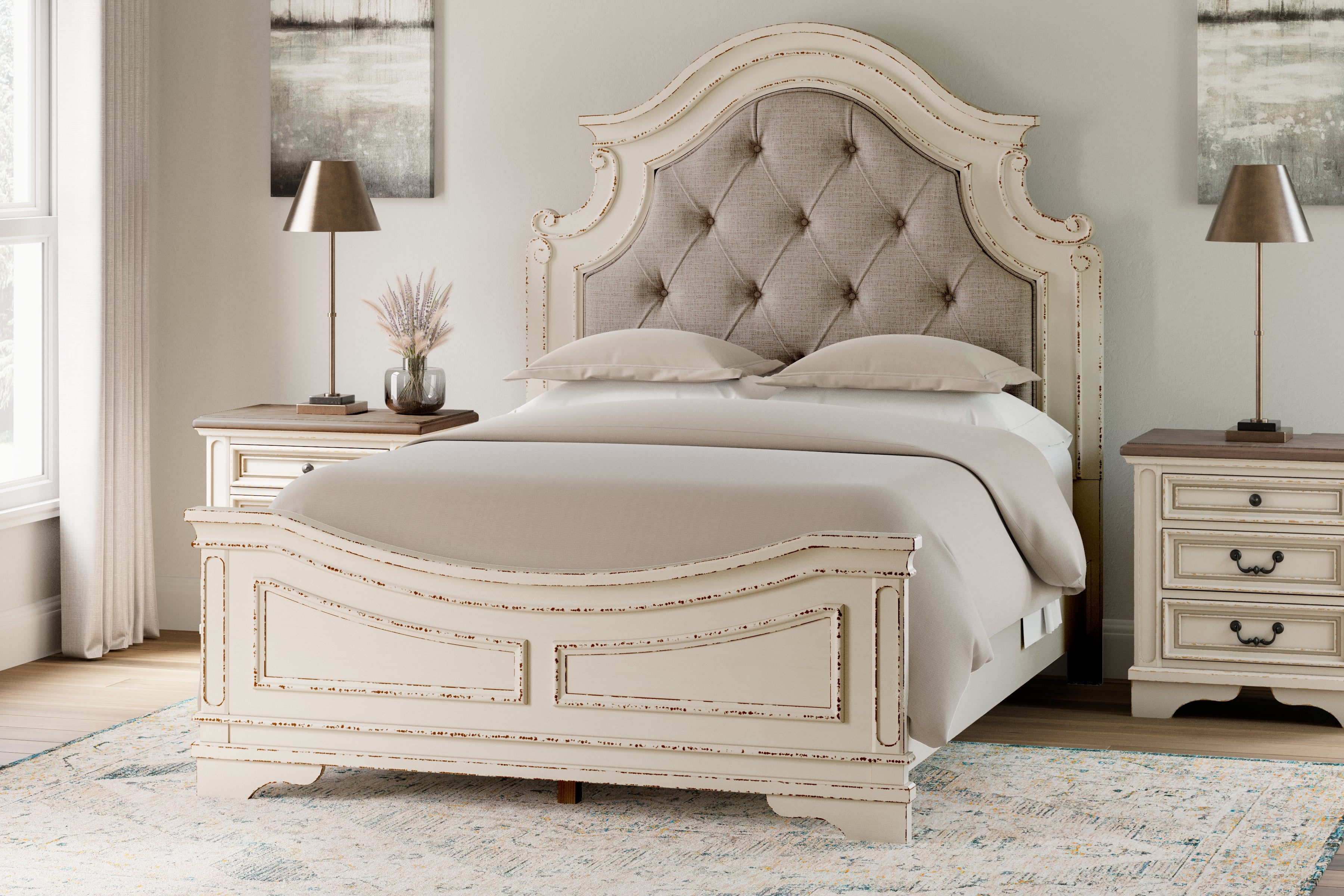 Warmstead Furniture - Ashley Furniture - Realyn Bedroom - Queen Upholstered Panel Bed / Chipped White - B743B2