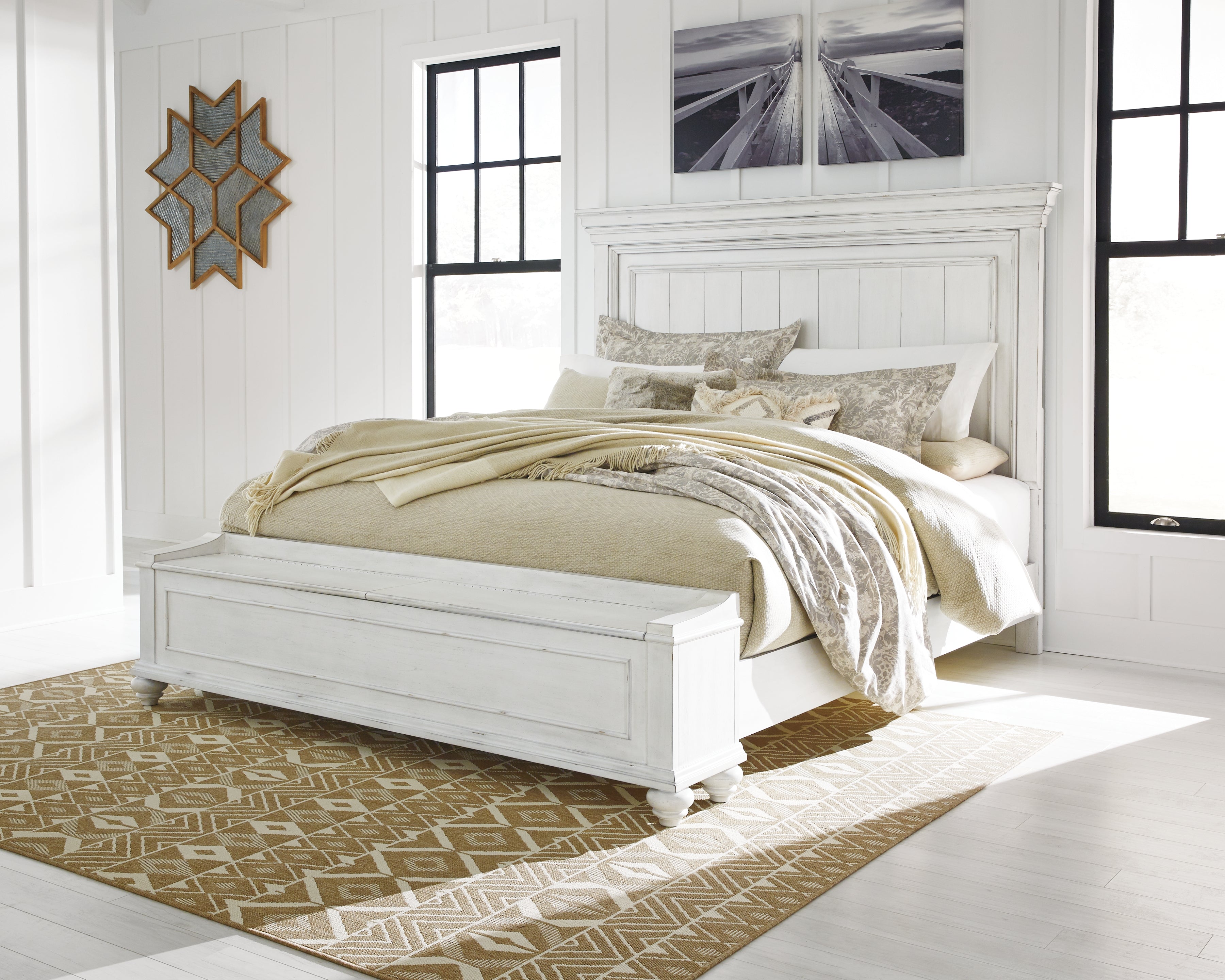 Warmstead Furniture - Ashley Furniture - Kanwyn Bedroom - Queen Panel Bed with Storage Bench / Whitewash - B777B6