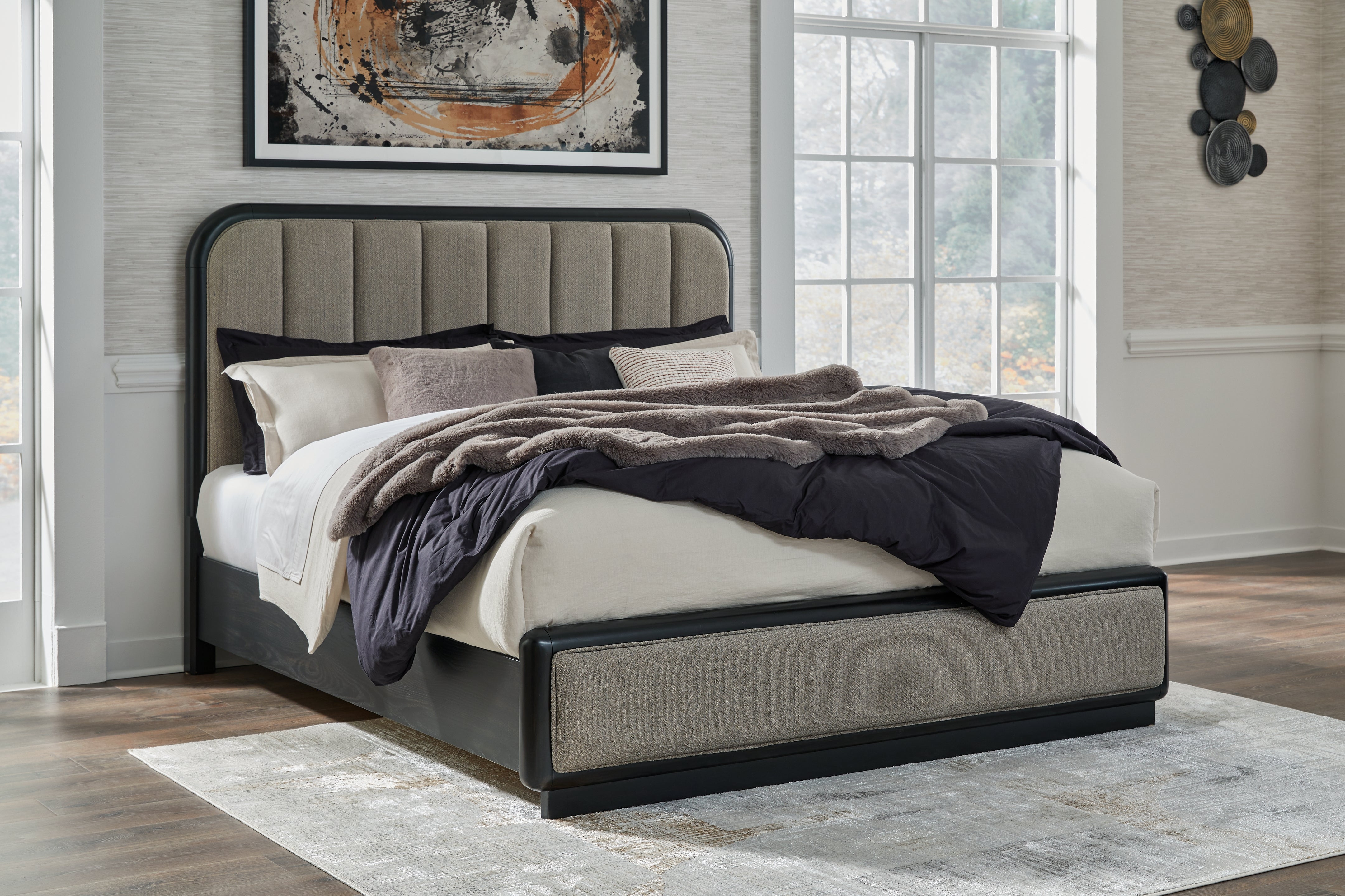 Warmstead Furniture - Ashley Furniture - Rowanbeck Bedroom - California King Upholstered Panel Bed / Gray/Black - B821B5