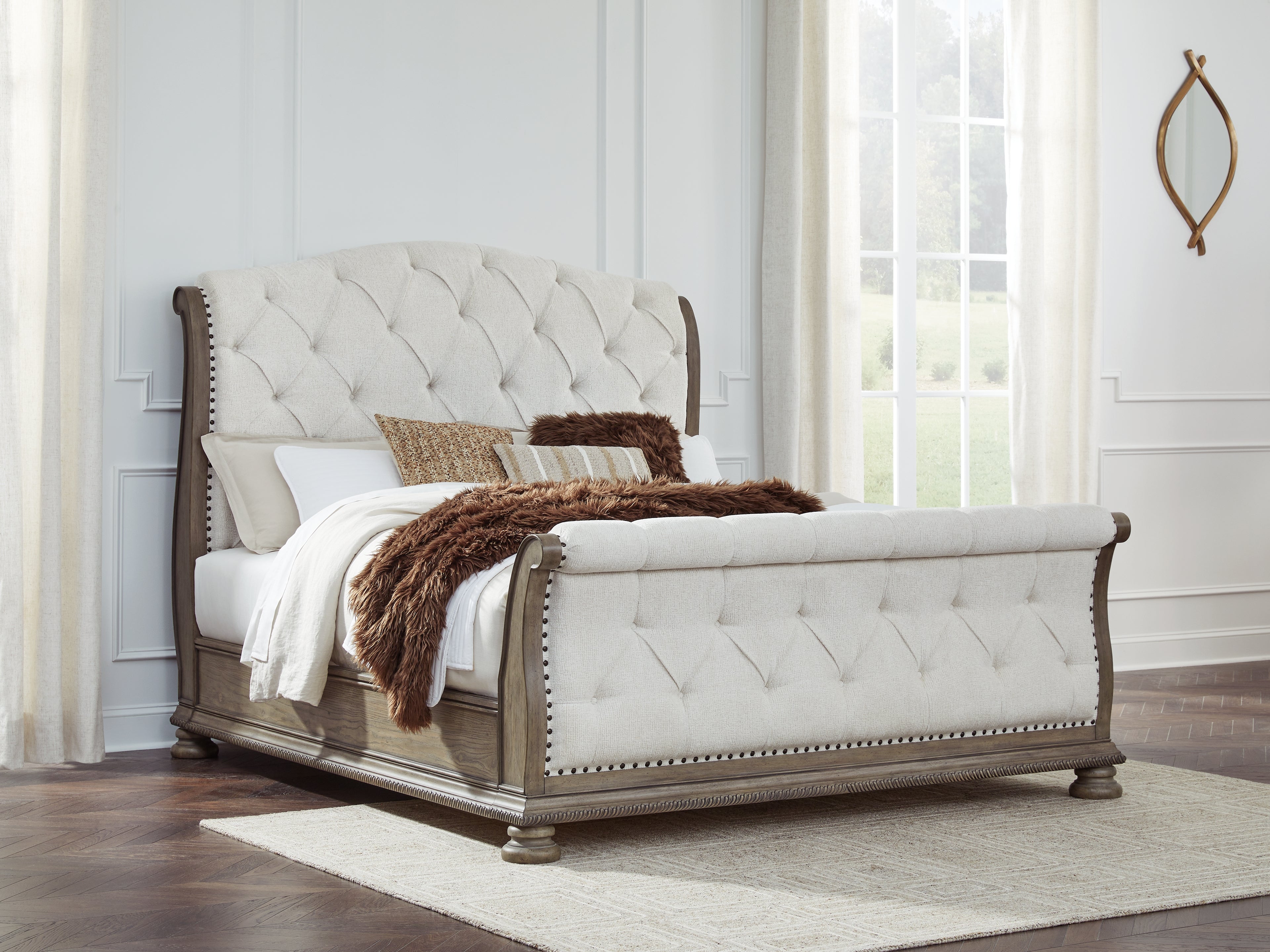 Warmstead Furniture - Ashley Furniture - Ardenfield Bedroom - King Upholstered Sleigh Bed / Light Brown - B944B4