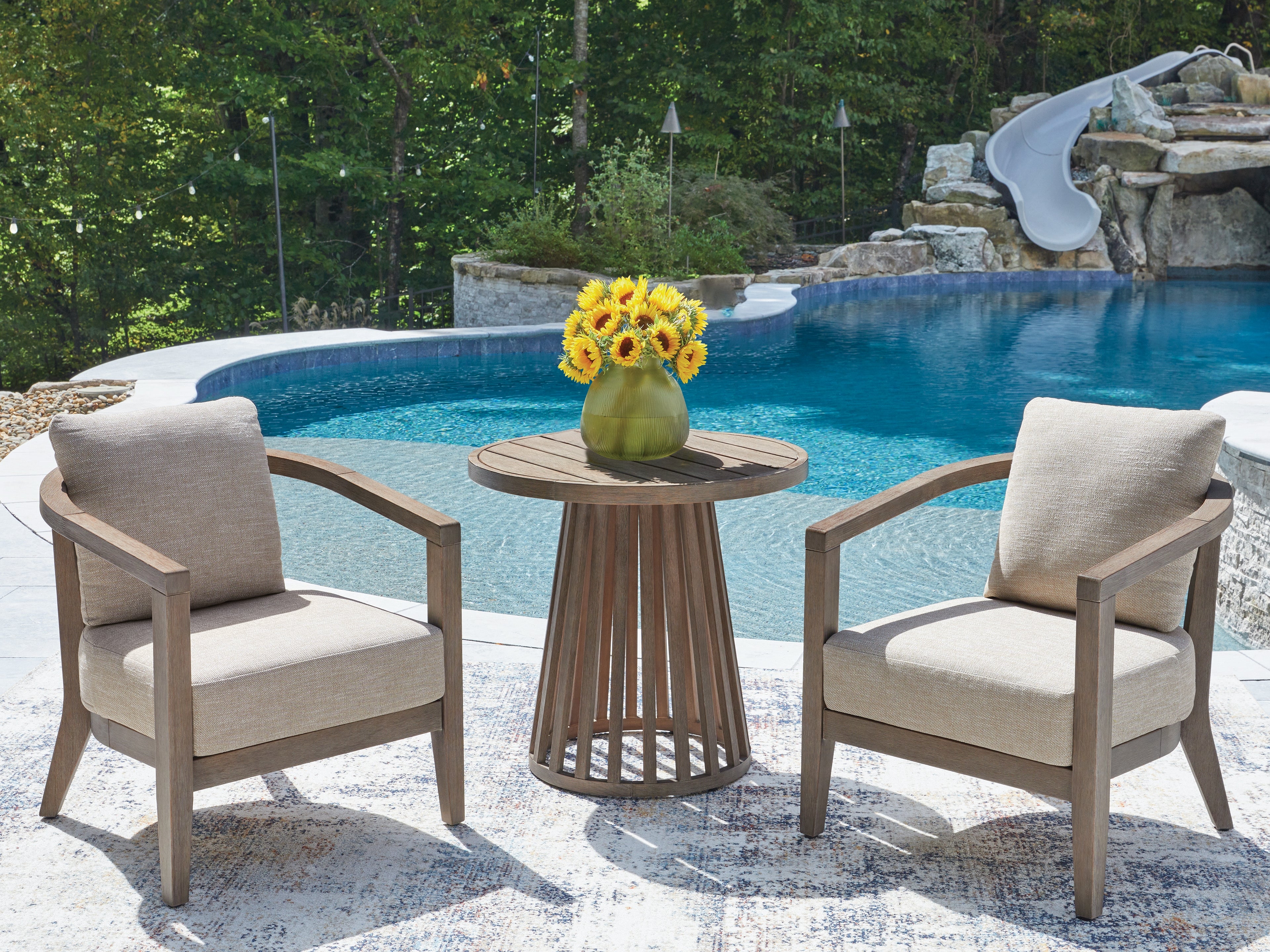 Warmstead Furniture - Ashley Furniture - Joy Lagoon Outdoor - Chairs w/CUSH/Table Set (3/CN) - PCP310-050