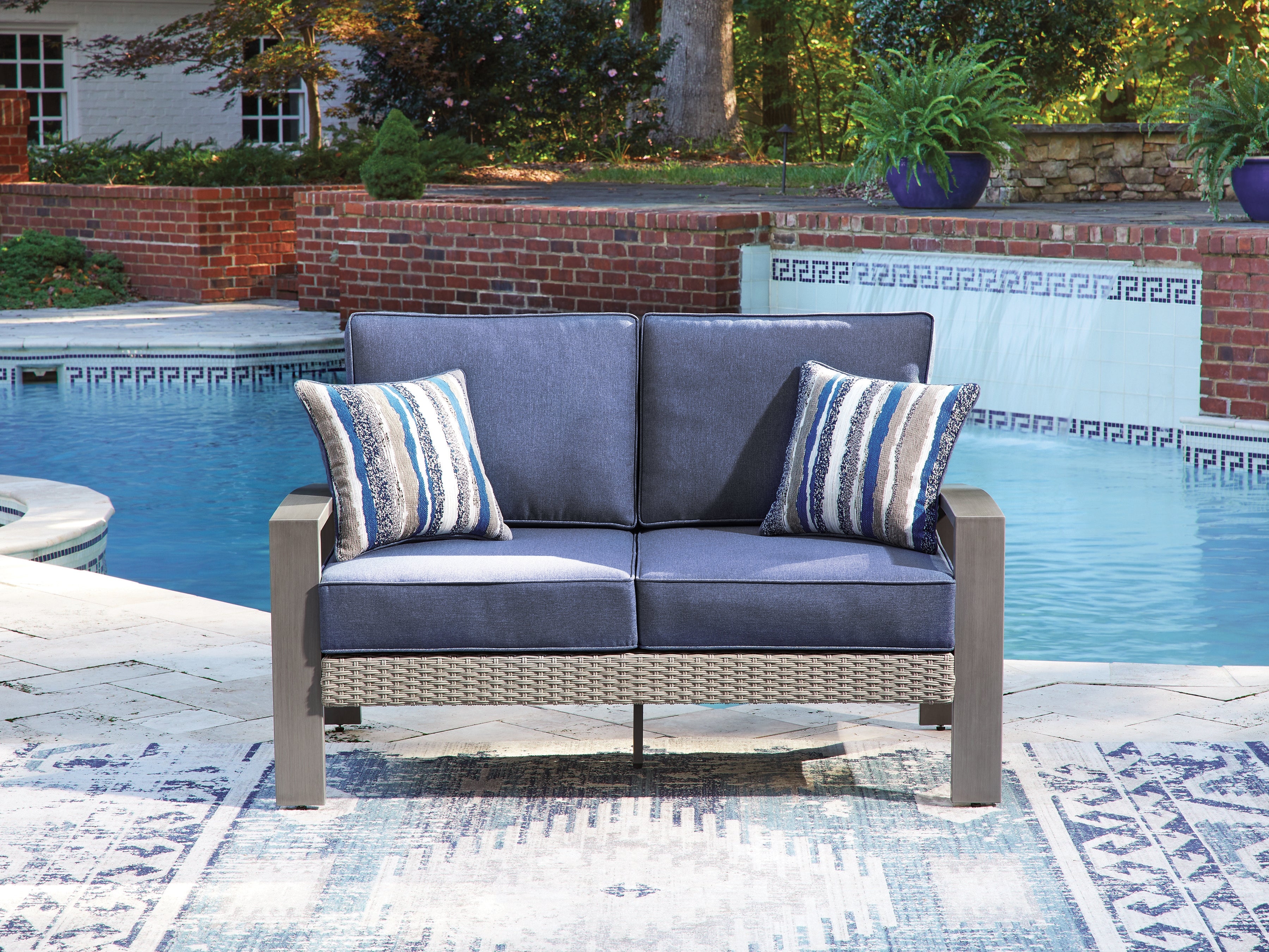Warmstead Furniture - Ashley Furniture - Half Moon Beach Outdoor - Loveseat w/Cushion / Blue/Gray - PCP418-835