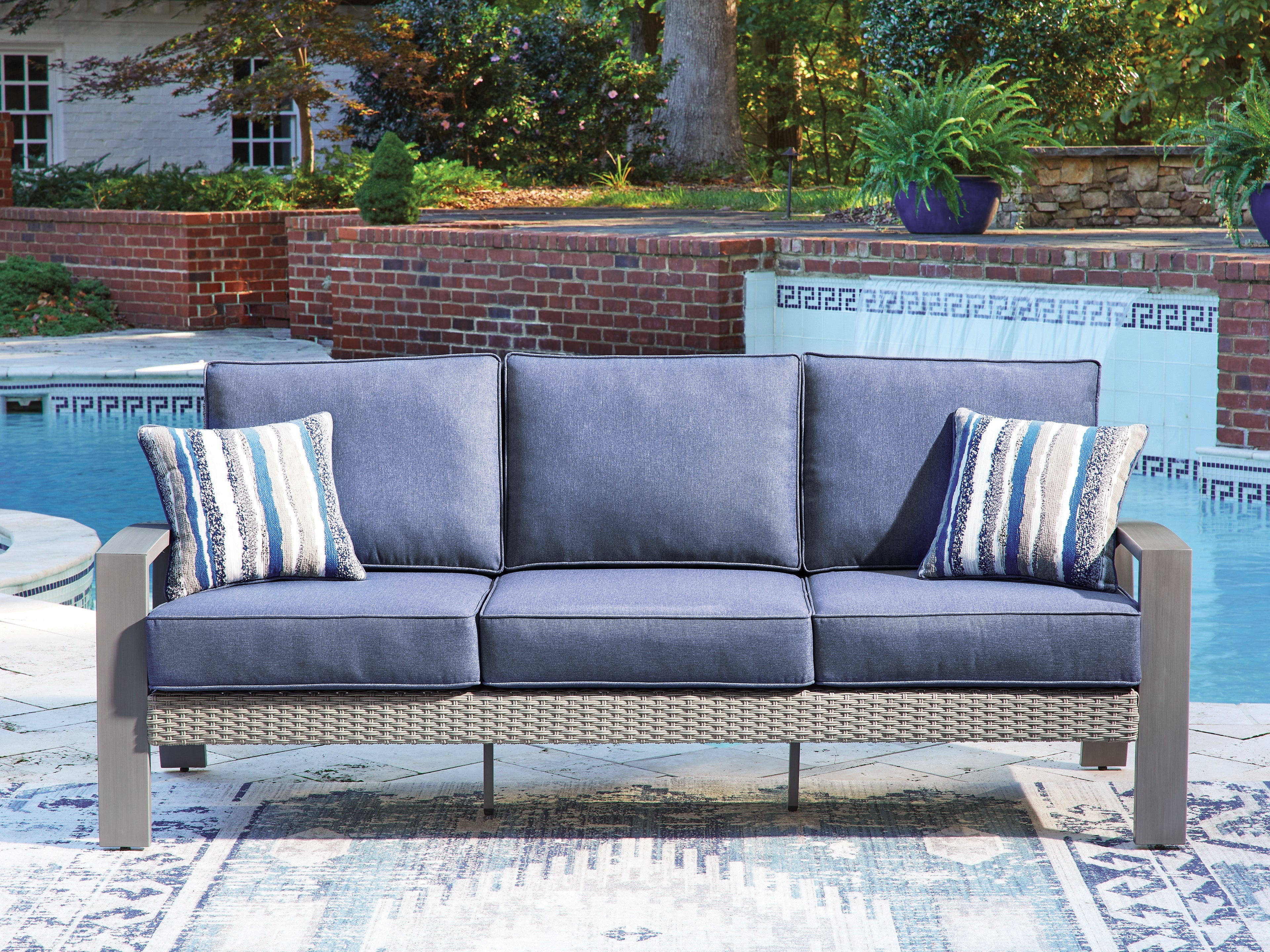 Warmstead Furniture - Ashley Furniture - Half Moon Beach Outdoor - Sofa with Cushion / Blue/Gray - PCP418-838