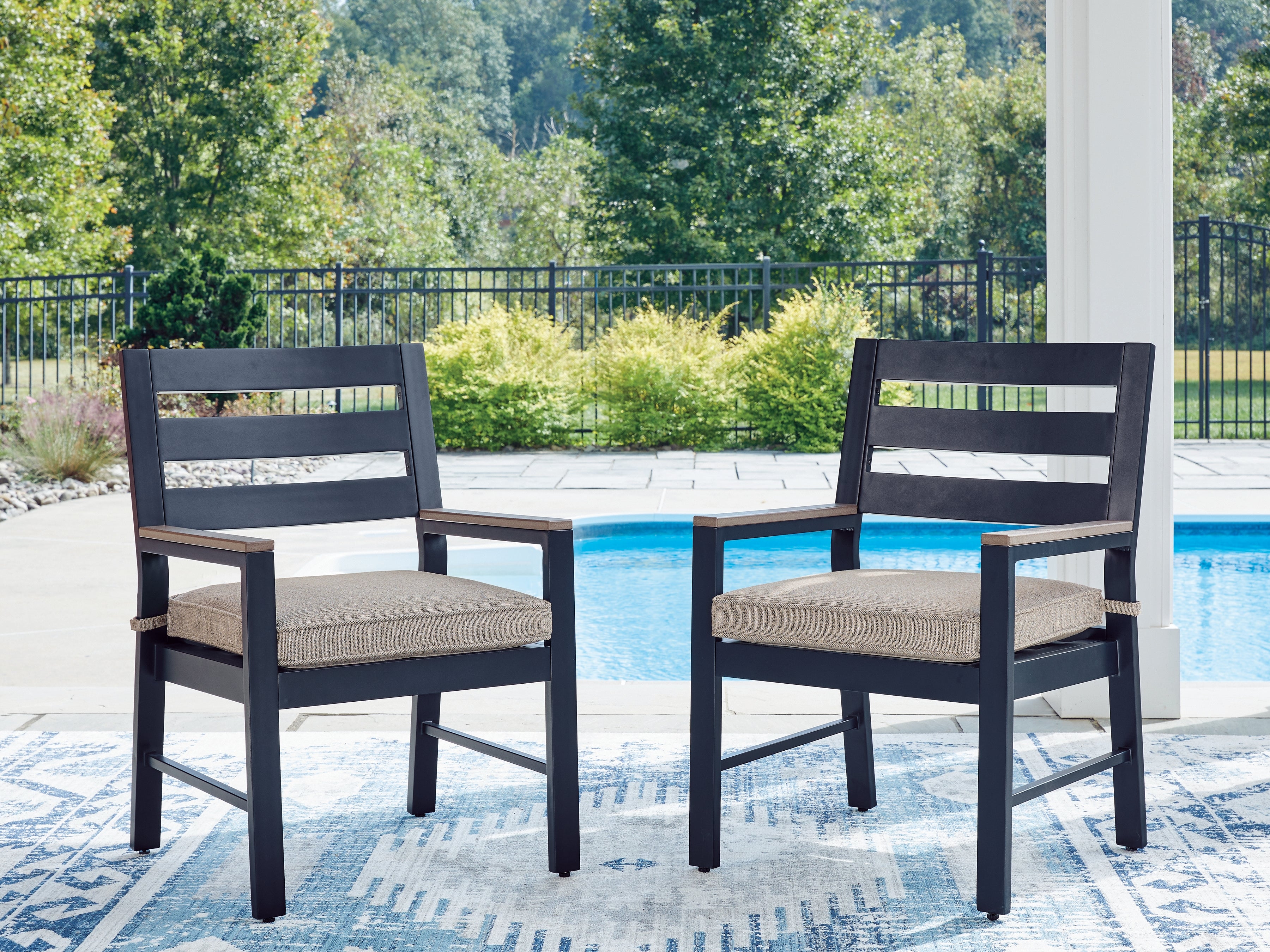Warmstead Furniture - Ashley Furniture - East Beach Outdoor - Arm Chair With Cushion (Set of 2) / Navy Blue/Driftwood - PCP587-601A