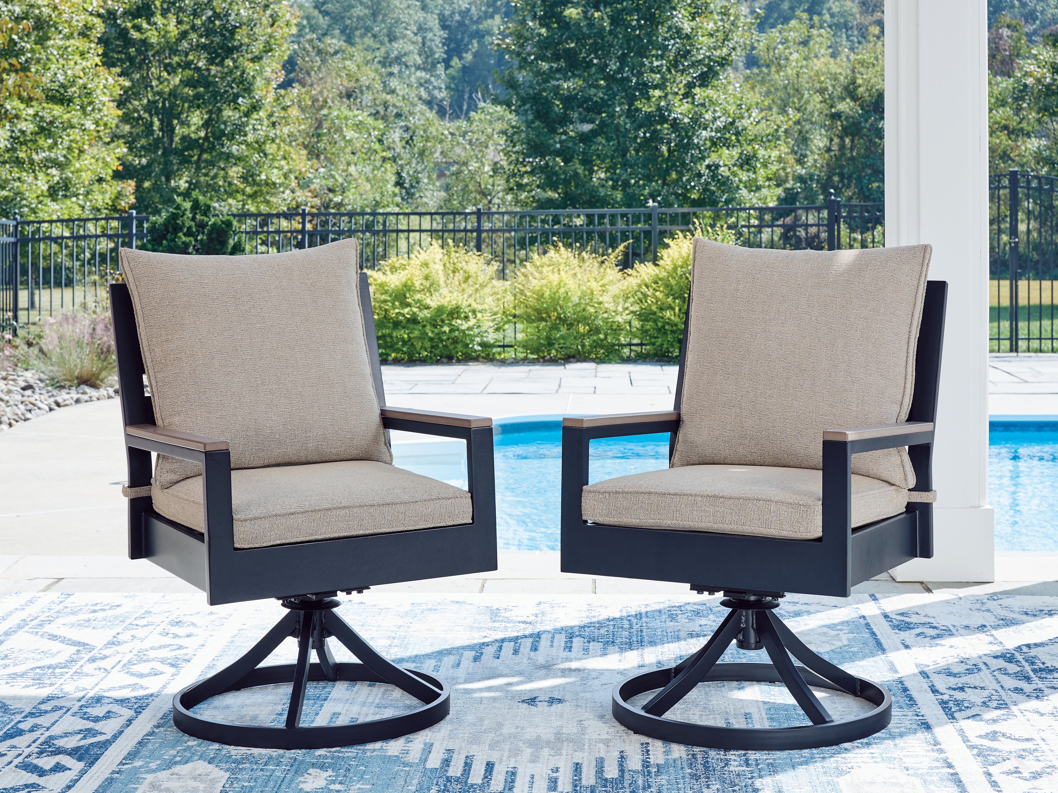 Warmstead Furniture - Ashley Furniture - East Beach Outdoor - Swivel Chair w/Cushion (Set of 2) / Navy Blue/Driftwood - PCP587-602A