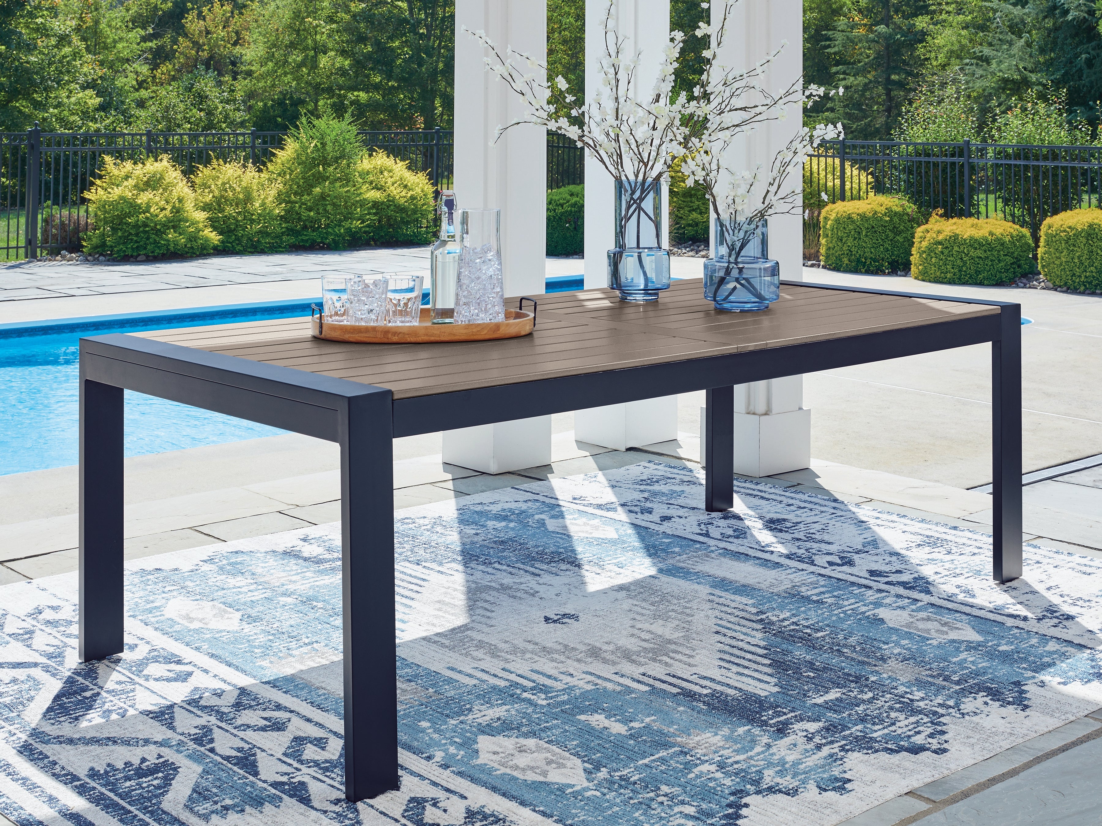 Warmstead Furniture - Ashley Furniture - East Beach Outdoor - RECT Dining Table w/UMB OPT / Navy Blue/Driftwood - PCP587-625