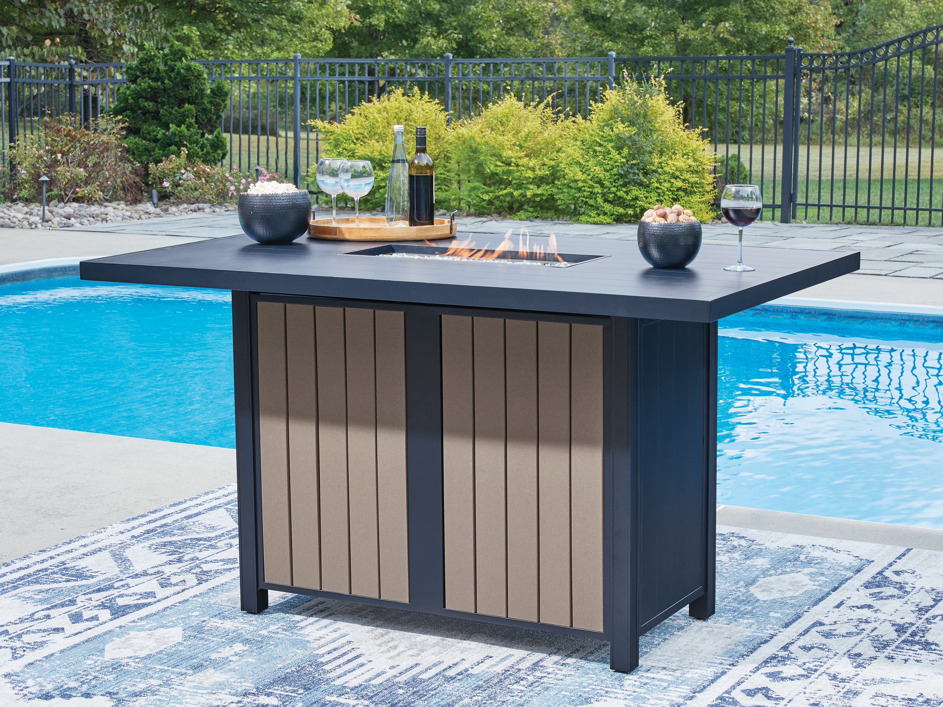 Warmstead Furniture - Ashley Furniture - East Beach Outdoor - RECT Bar Table w/Fire Pit / Navy Blue/Driftwood - PCP587-665
