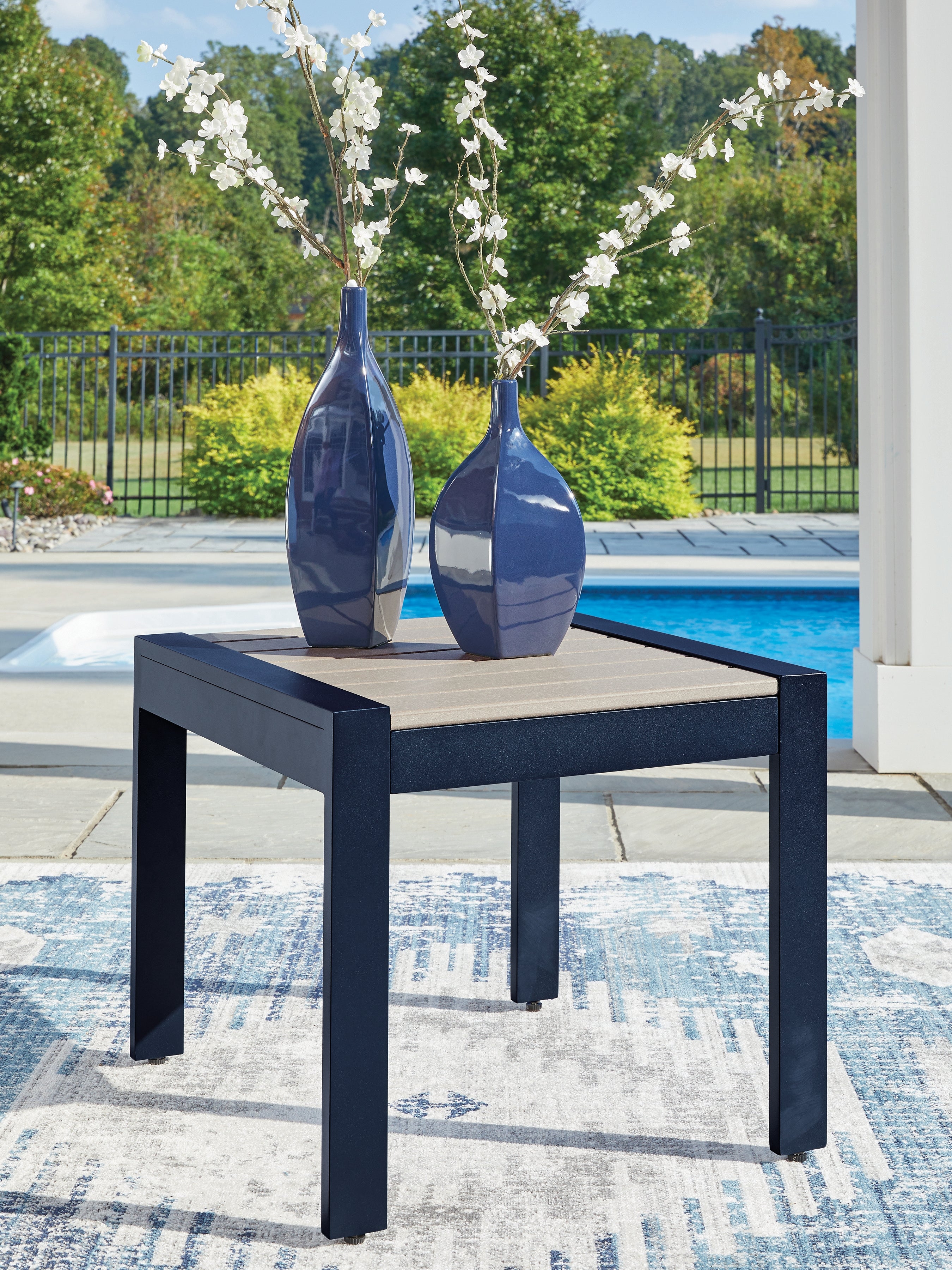 Warmstead Furniture - Ashley Furniture - East Beach Outdoor - Rectangular End Table / Navy Blue/Driftwood - PCP587-703