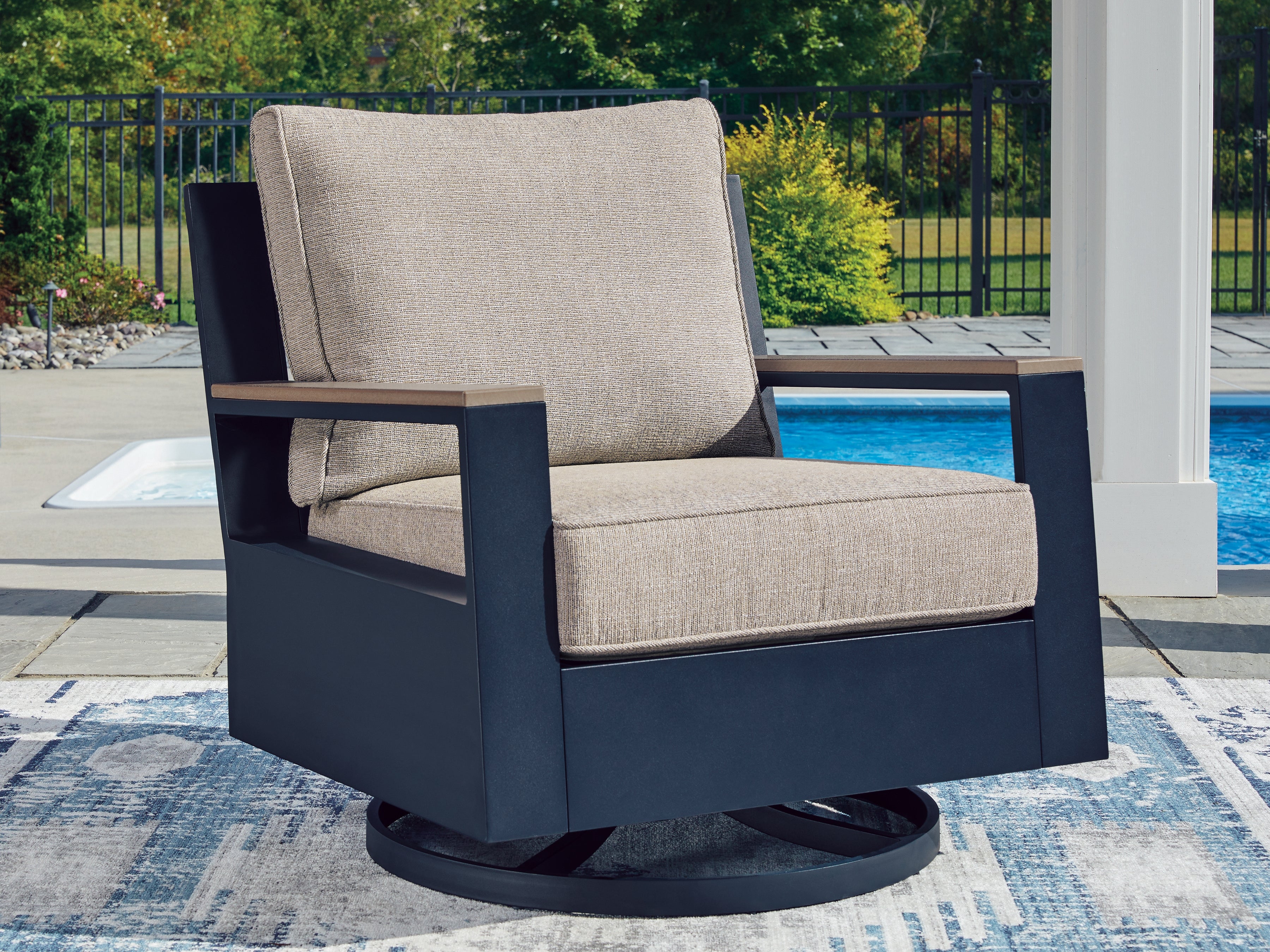 Warmstead Furniture - Ashley Furniture - East Beach Outdoor - Swivel Glider Chair w/Cushion / Navy Blue/Driftwood - PCP587-821