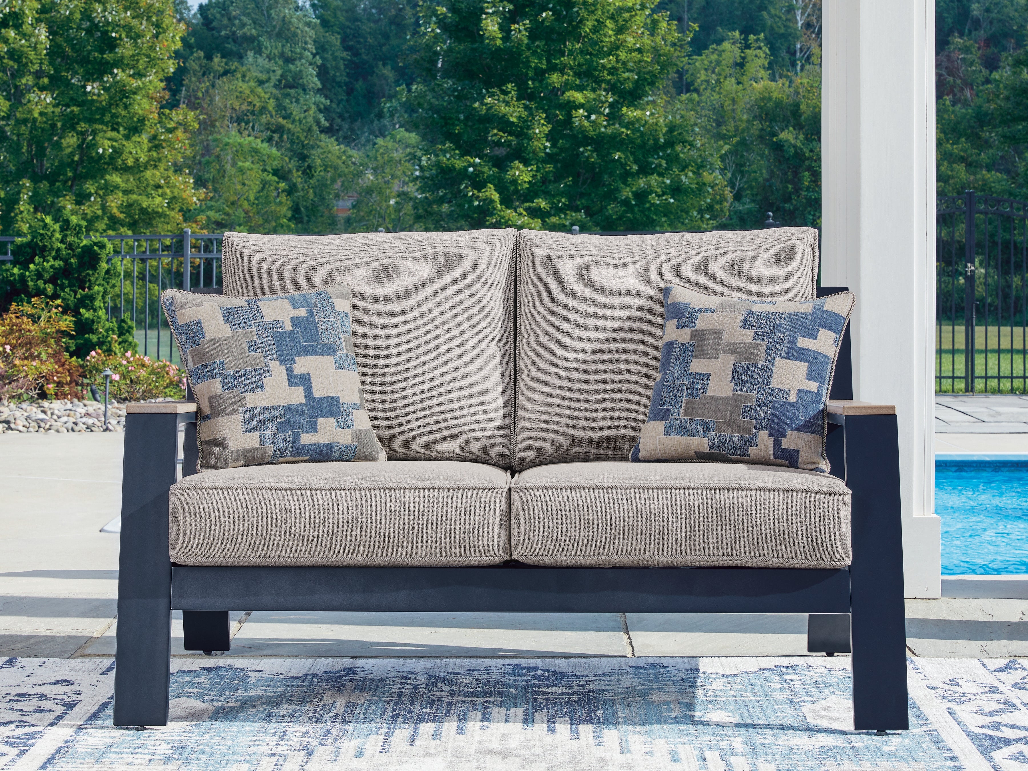 Warmstead Furniture - Ashley Furniture - East Beach Outdoor - Loveseat w/Cushion / Navy Blue/Driftwood - PCP587-835