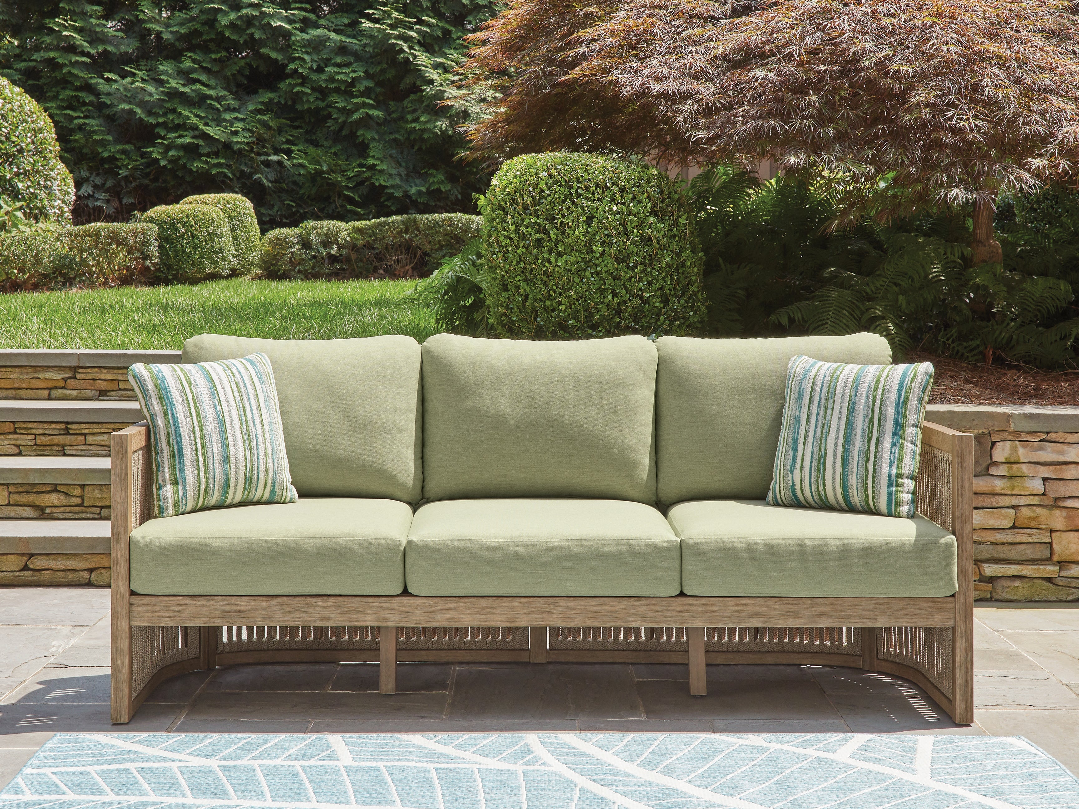 Warmstead Furniture - Ashley Furniture - Serena Shores Outdoor - Sofa with Cushion / Beige/Green - PCP604-838