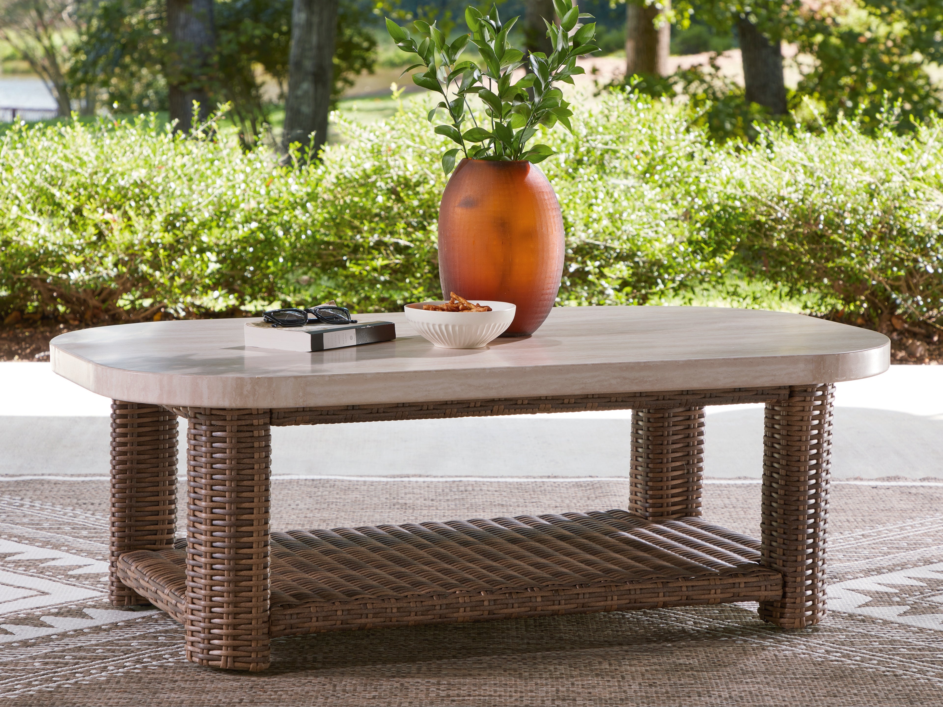 Warmstead Furniture - Ashley Furniture - Dolan Creek Outdoor - Rectangular Cocktail Table / Beige/Brown - PCP610-701