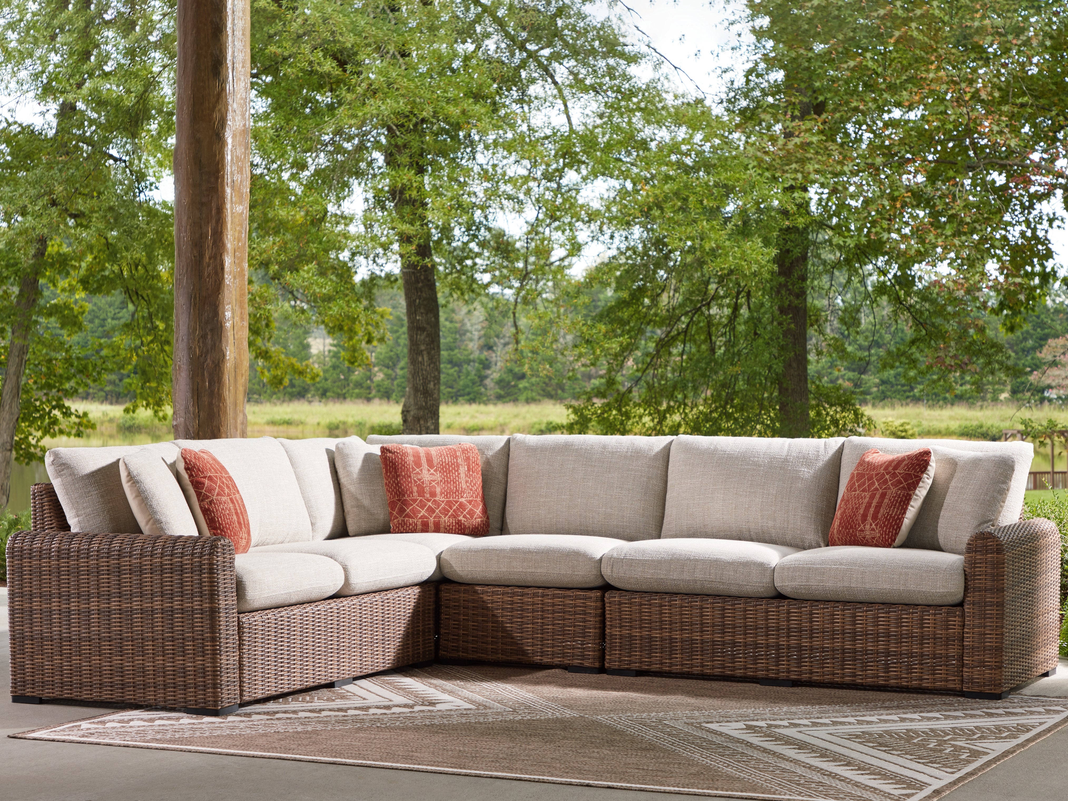 Warmstead Furniture - Ashley Furniture - Dolan Creek Outdoor - 4-Piece Outdoor Sectional / Beige/Brown - PCP610P2