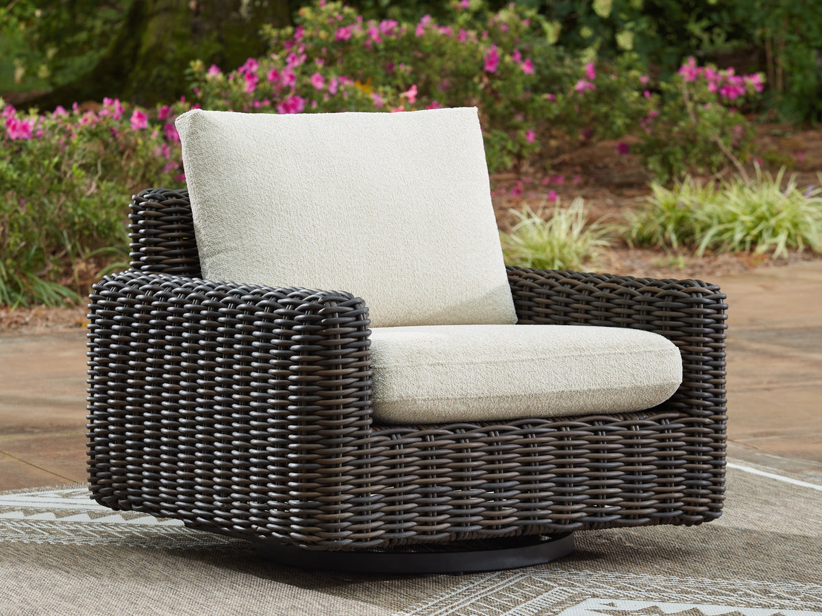 Warmstead Furniture - Ashley Furniture - Kimora Outdoor - Swivel Glider Lounge w/Cushion / Beige/Dark Brown - P711-821