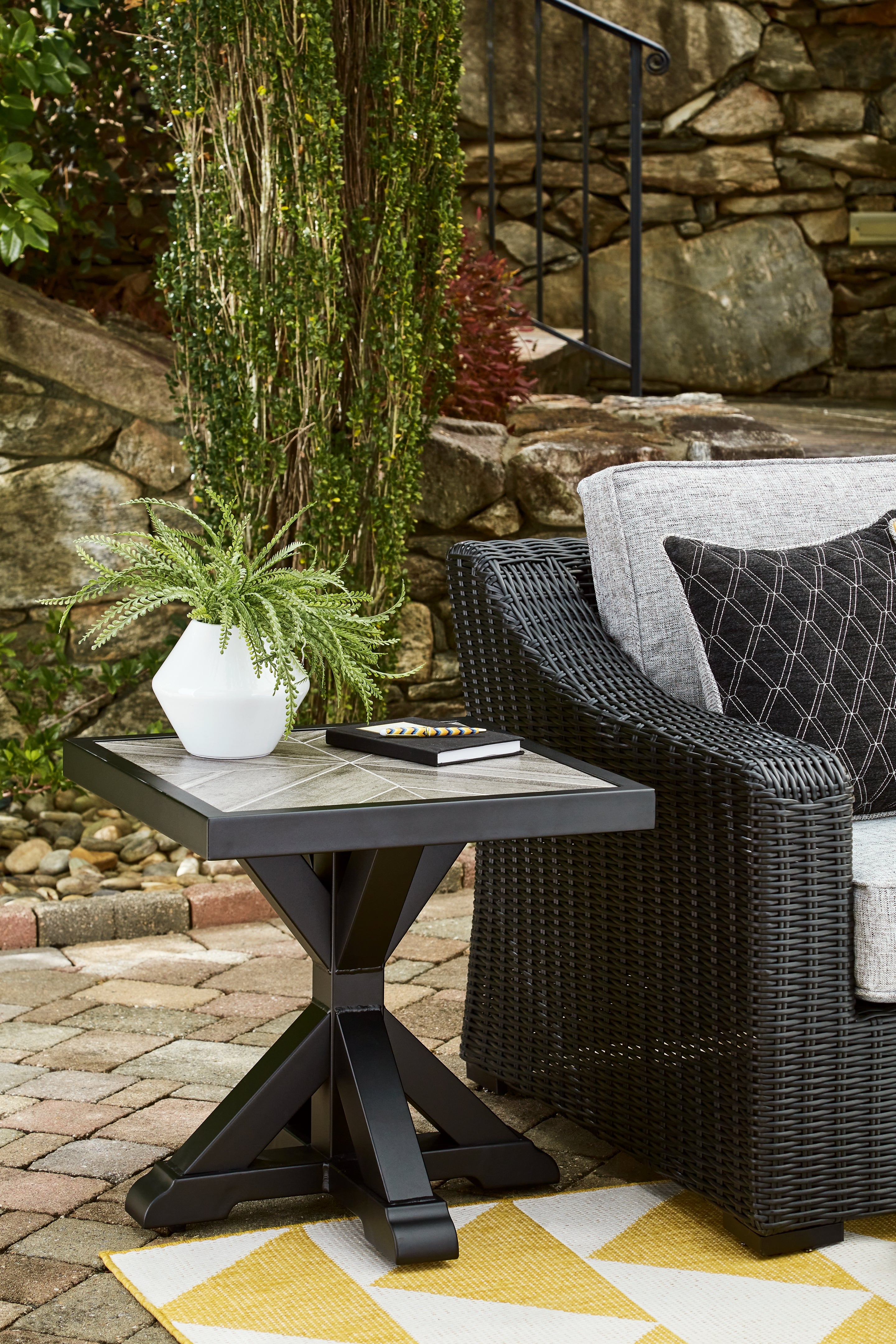 Warmstead Furniture - Ashley Furniture - Beachcroft Outdoor - Square End Table / Black/Light Gray - P792-702