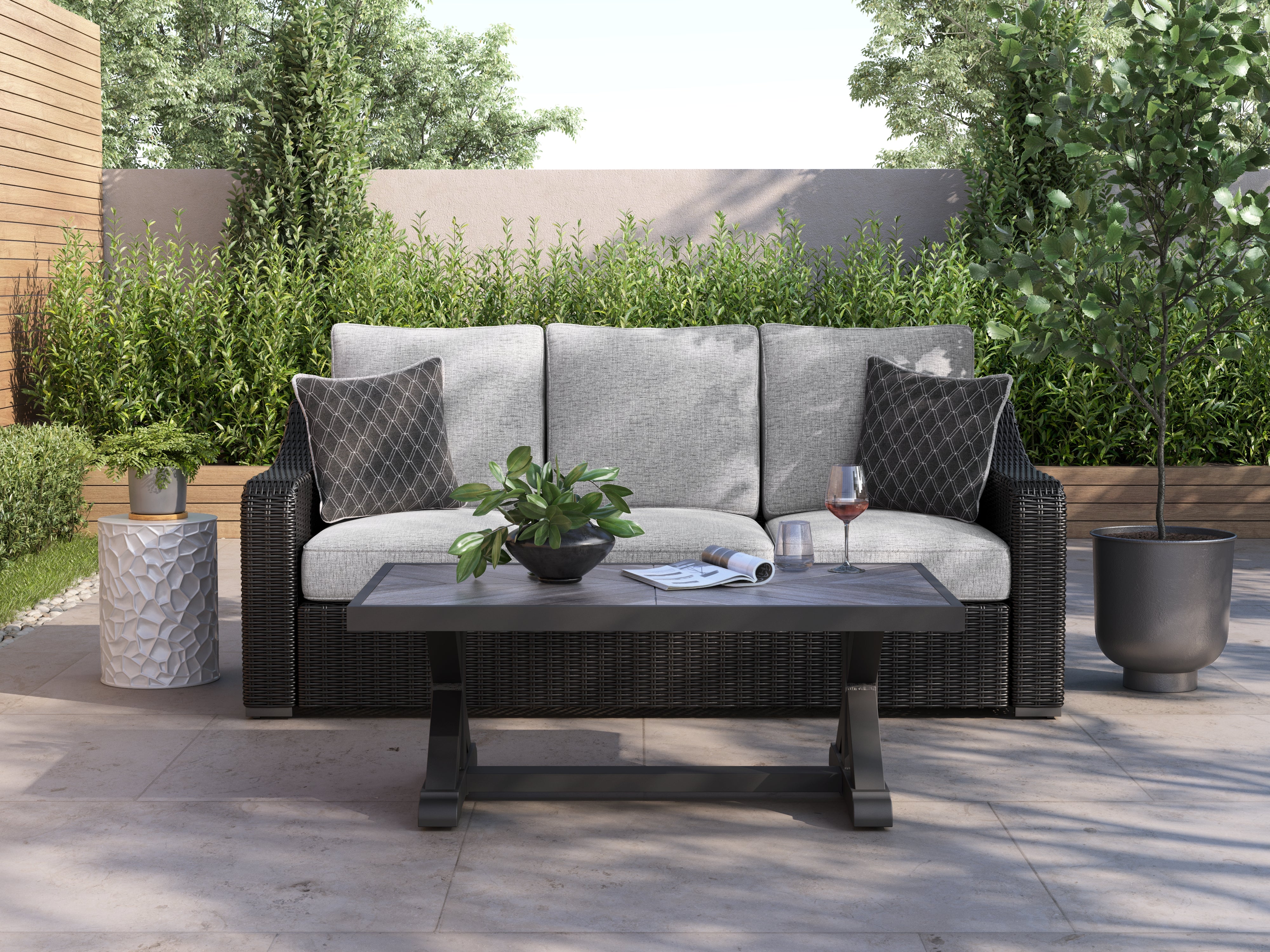 Warmstead Furniture - Ashley Furniture - Beachcroft Outdoor - Sofa with Cushion / Black/Light Gray - P792-838