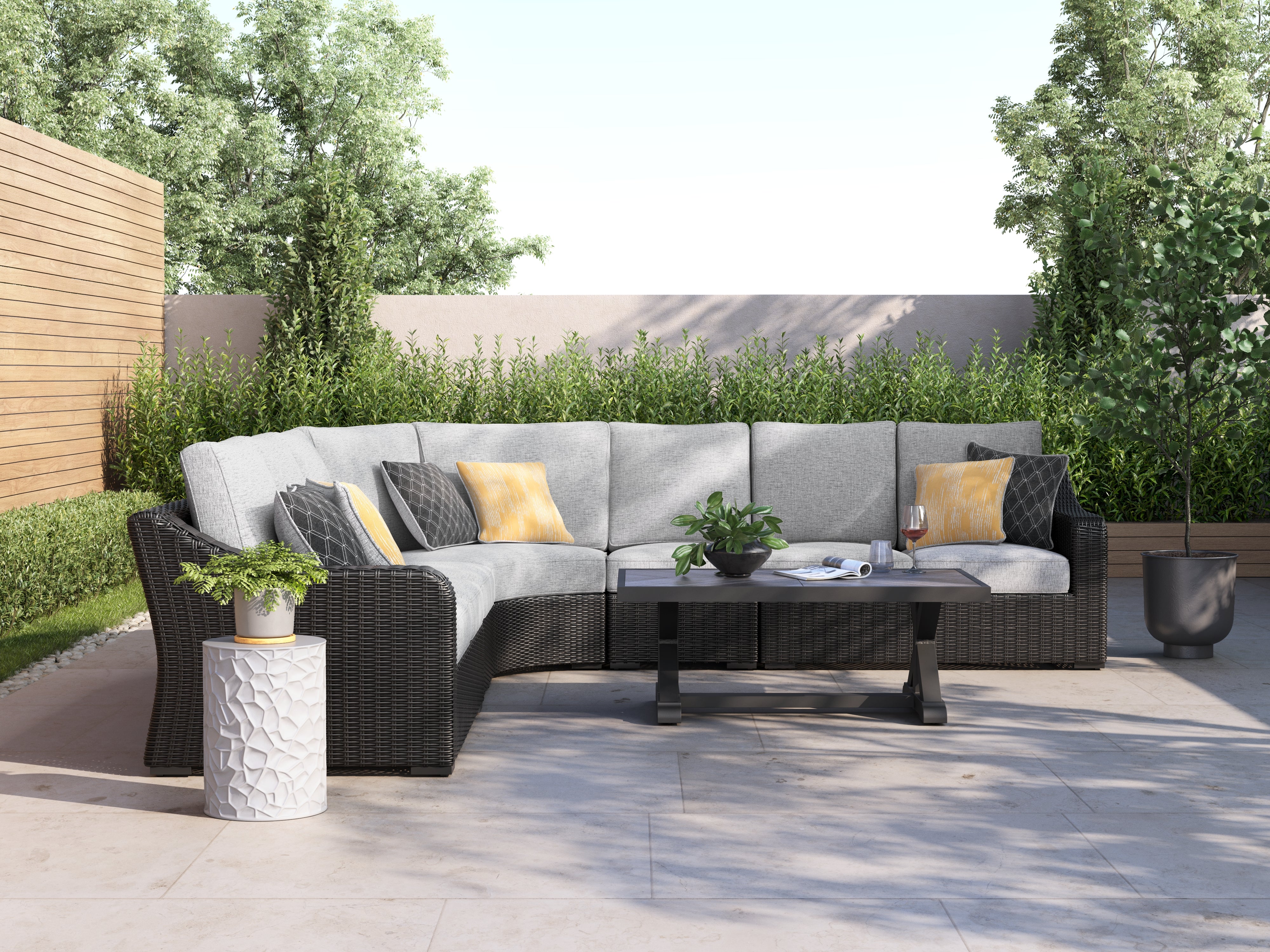 Warmstead Furniture - Ashley Furniture - Beachcroft Outdoor - 5-Piece Outdoor Sectional / Black/Light Gray - P792P6