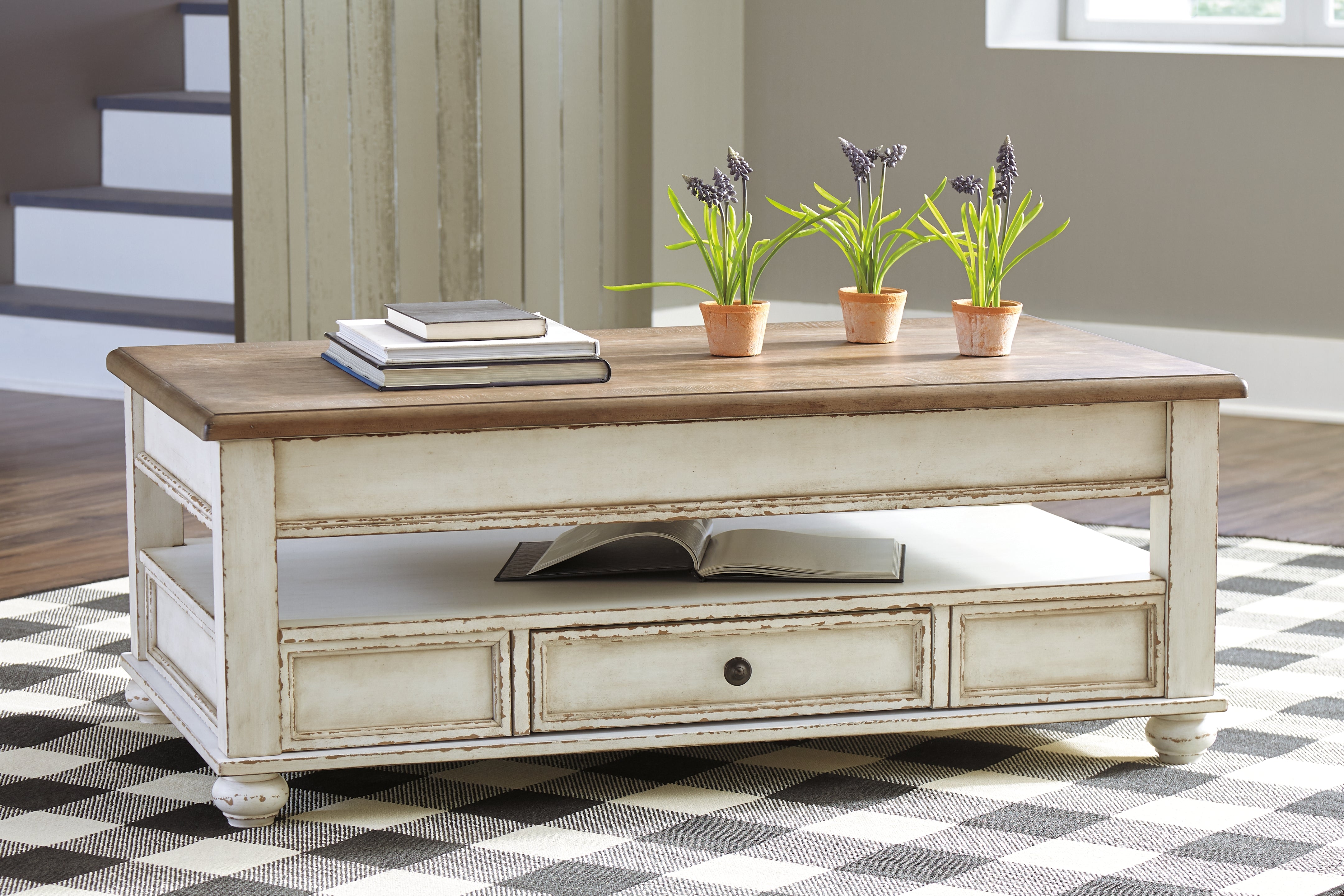 Warmstead Furniture - Ashley Furniture - Realyn Coffee Table with Lift Top - Lift Top Cocktail Table / White/Brown - T523-9