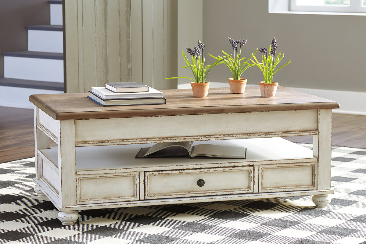 Warmstead Furniture - Ashley Furniture - Realyn Coffee Table with Lift Top - Lift Top Cocktail Table / White/Brown - T523-9
