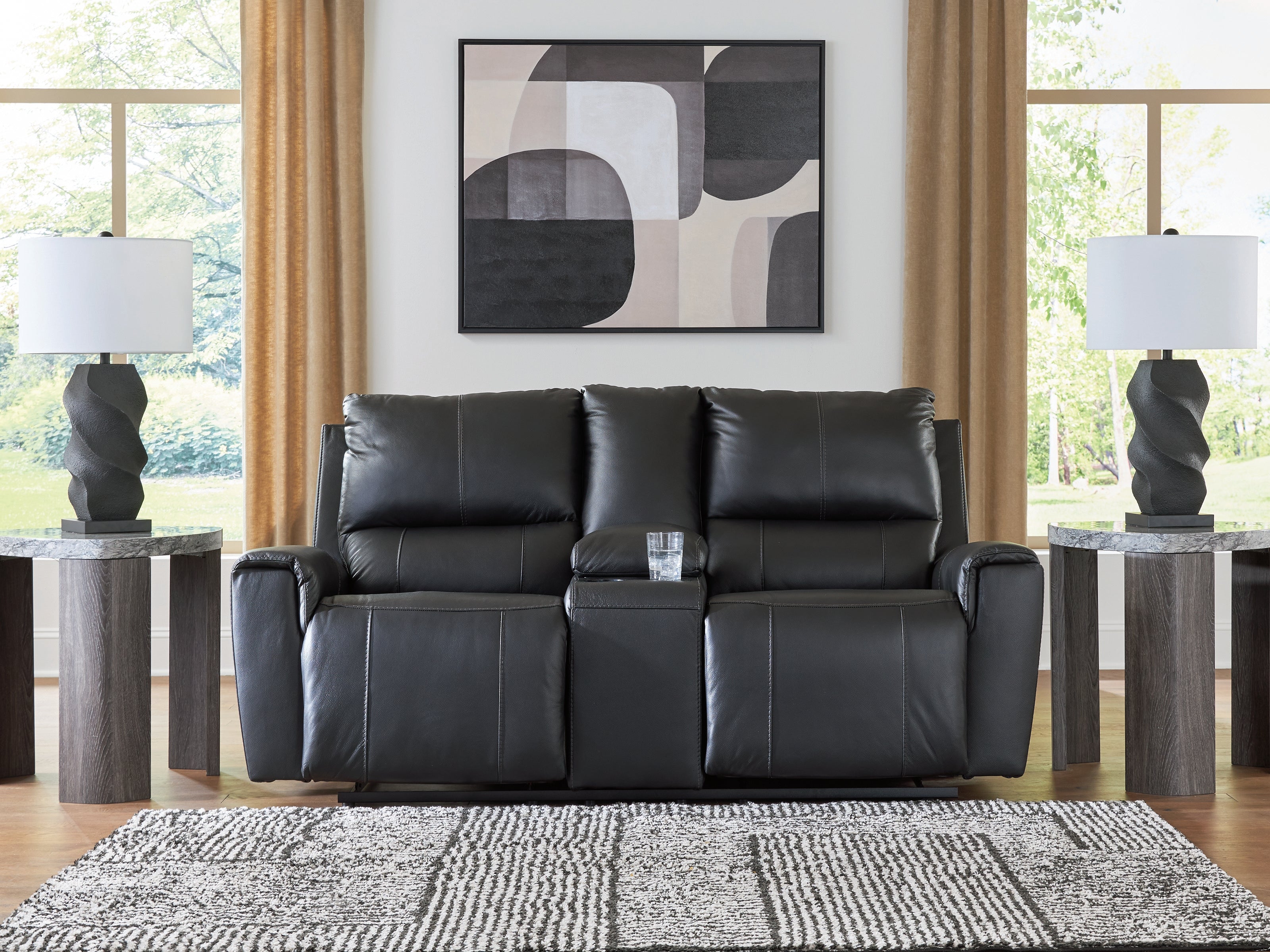 Warmstead Furniture - Ashley Furniture - Glossmore Living Room - DBL Rec Loveseat w/Console / Black - PCU1170094