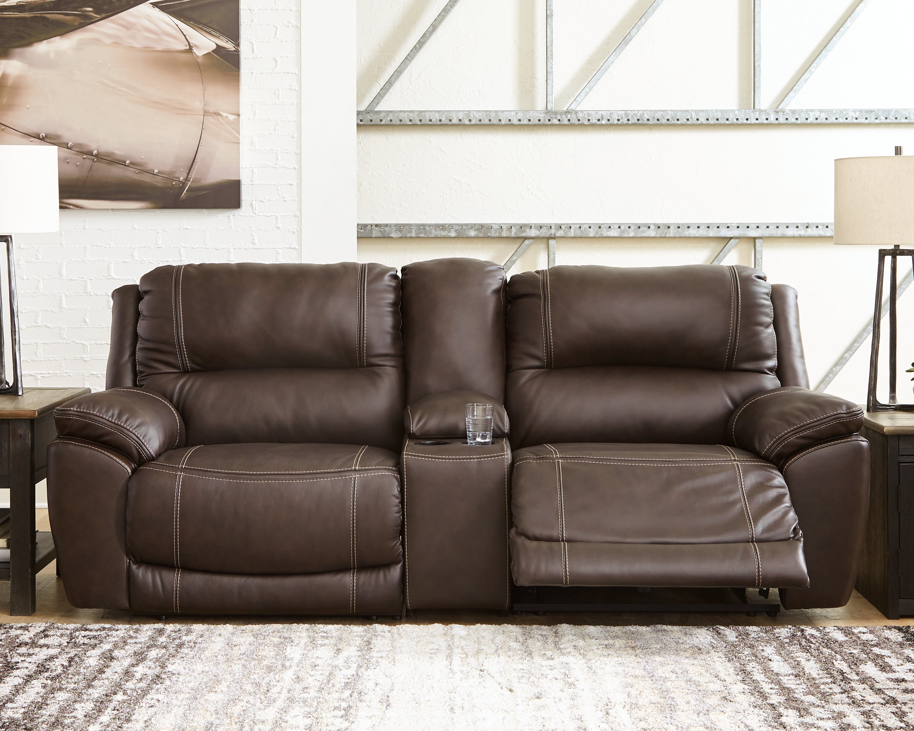 Warmstead Furniture - Ashley Furniture - Dunleith Sectional - 3-Piece Power Reclining Loveseat with Console / Chocolate - U71604S4