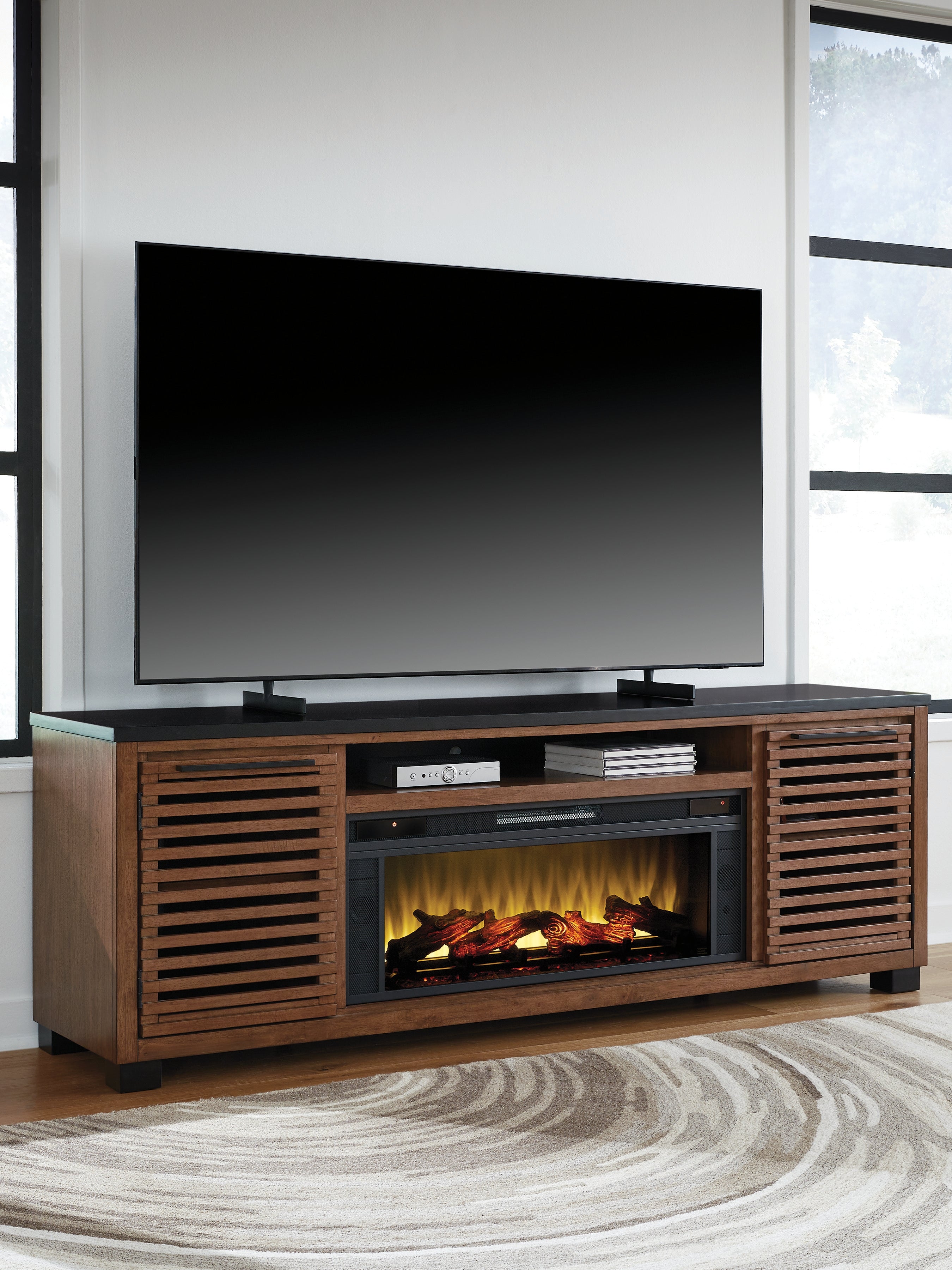 Warmstead Furniture - Ashley Furniture - Kallari 84" TV Stand with Electric Fireplace - 84" TV Stand with Electric Fireplace / Warm Brown/Black - W737W1